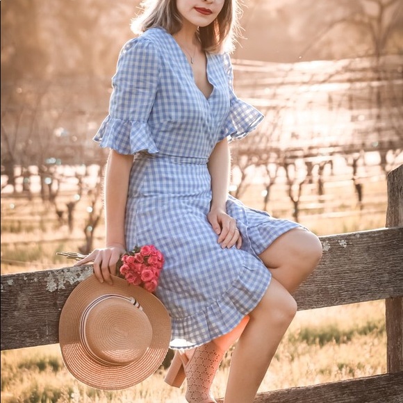 ⭐️Napa Valley Gingham Wrap Dress Powder Blue - Picture 5 of 7